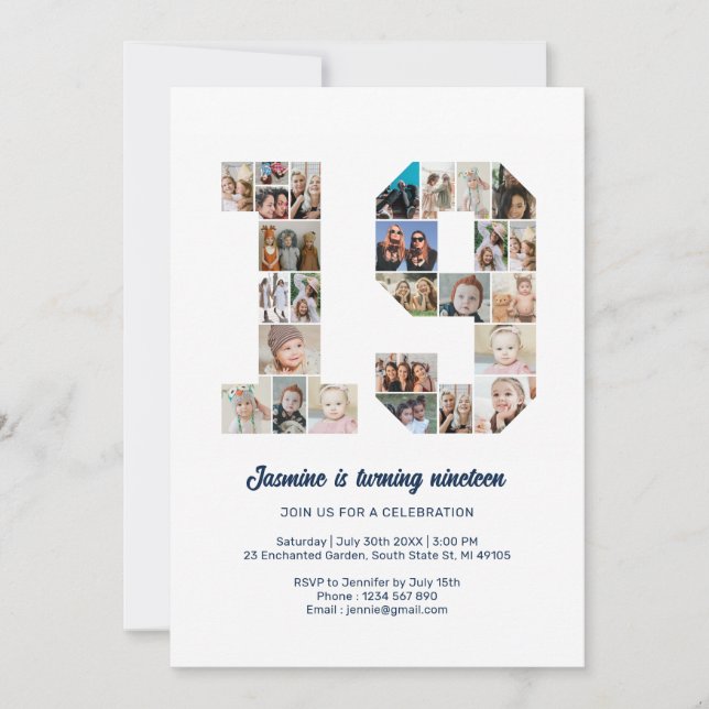 19th Birthday Number 19 Custom Photo Collage Invitation (Front)