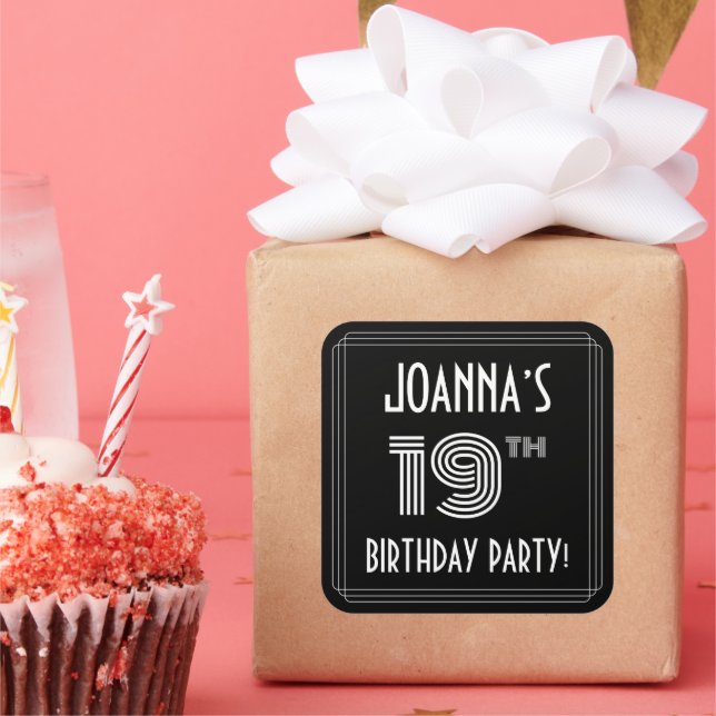 19th Birthday Party: Art Deco Style & Custom Name Square Sticker (Party)