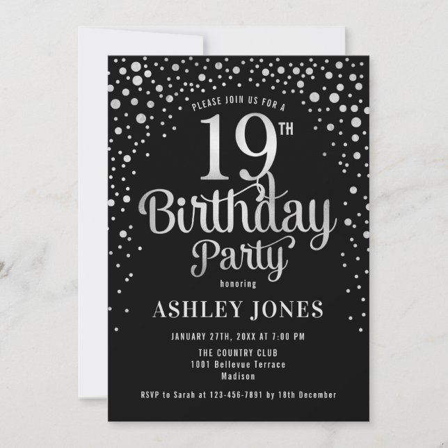19th Birthday Party - Black & Silver Invitation (Front)