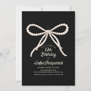 19th Birthday Party Black White Pearl Bow Invitation