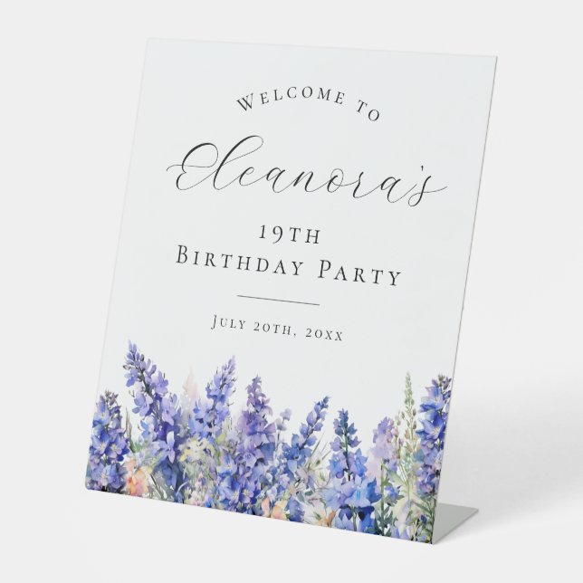 19th Birthday Party Blue July Birth Flower Welcome Pedestal Sign (Front)