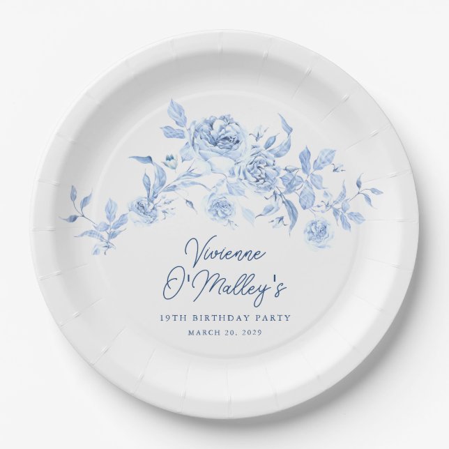 19th Birthday Party Blue Rose Floral Custom Paper Plate (Front)