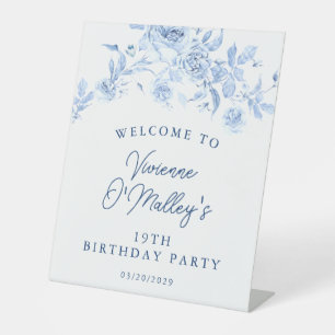 19th Birthday Party Blue Rose Floral Welcome Pedestal Sign