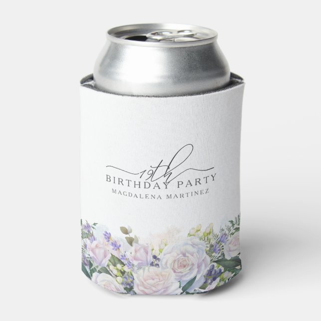19th Birthday Party Blue White Floral Custom Can Cooler (Can Front)