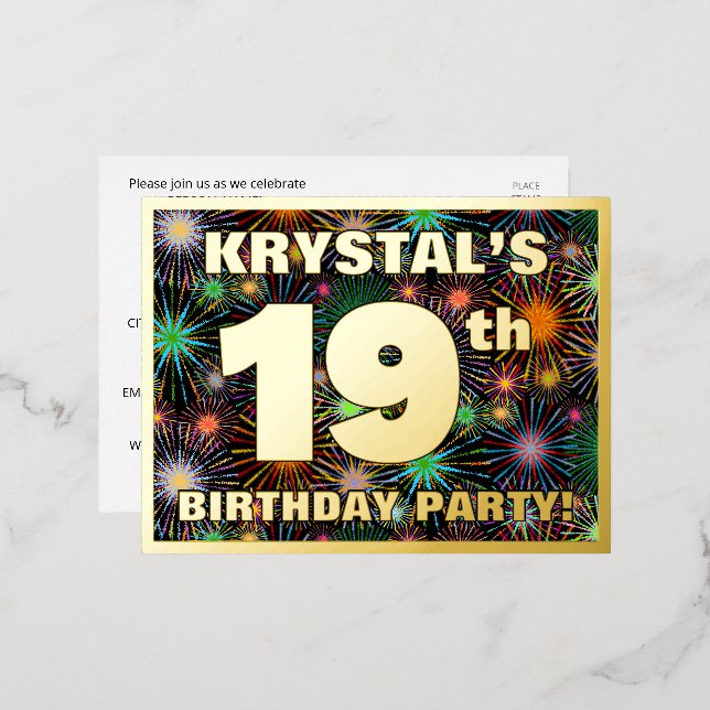19th Birthday Party: Bold, Colourful Fireworks Loo Foil Invitation Postcard (Front/Back)