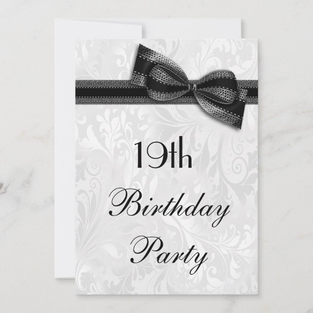 19th Birthday Party Damask and Faux Bow Invitation (Front)