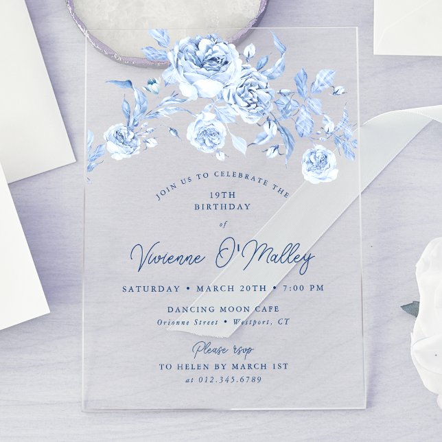 19th Birthday Party Dusty Blue Floral Acrylic Invitations (Creator Uploaded)