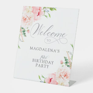 19th Birthday Party Elegant Pink Floral Welcome Pedestal Sign