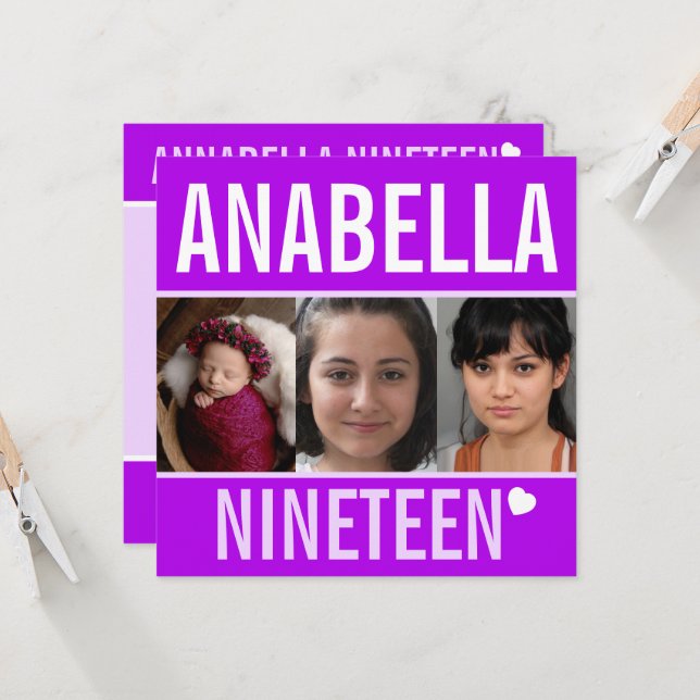 19th birthday party event celebration photo purple invitation (Front/Back In Situ)