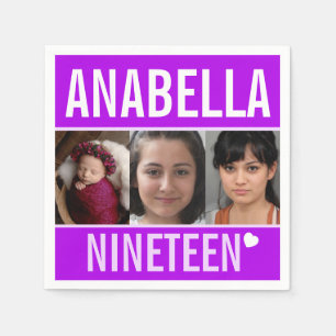 19th birthday party event custom photo purple napkin