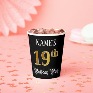 19th Birthday Party — Fancy Script, Faux Gold Look Paper Cups