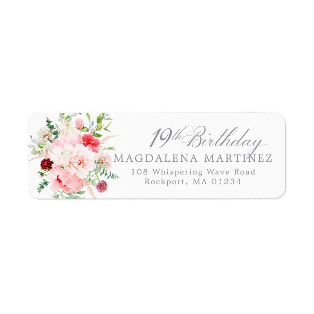 19th Birthday Party Floral Return Address Label (Front)