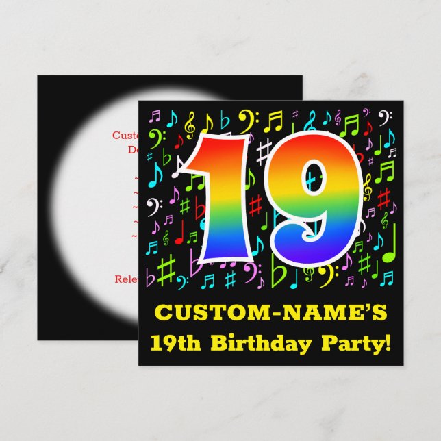 19th Birthday Party: Fun Music Symbols, Rainbow 19 Invitation (Front/Back)