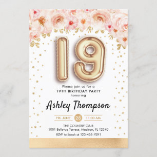 19th Birthday Party - Gold Balloons Invitation