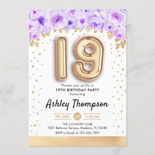 19th Birthday Party - Gold Balloons Purple Invitation