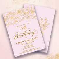 19th Birthday Party Gold Rose Floral Blush Pink