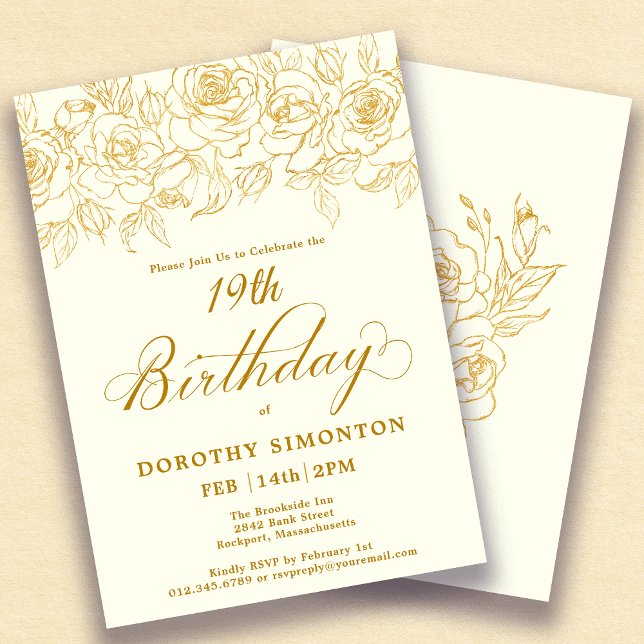 19th Birthday Party Gold Rose Floral Ivory White Invitation (Creator Uploaded)