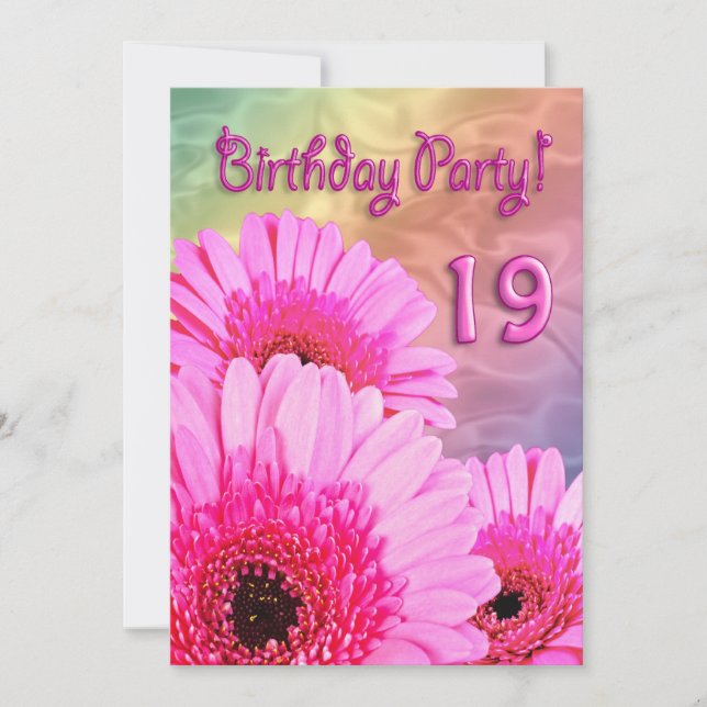19th Birthday party invitation with pink flowers (Front)