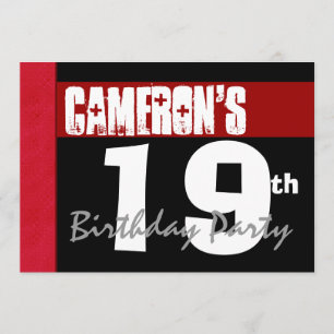 19th Birthday Party Modern Red Black and White Invitation