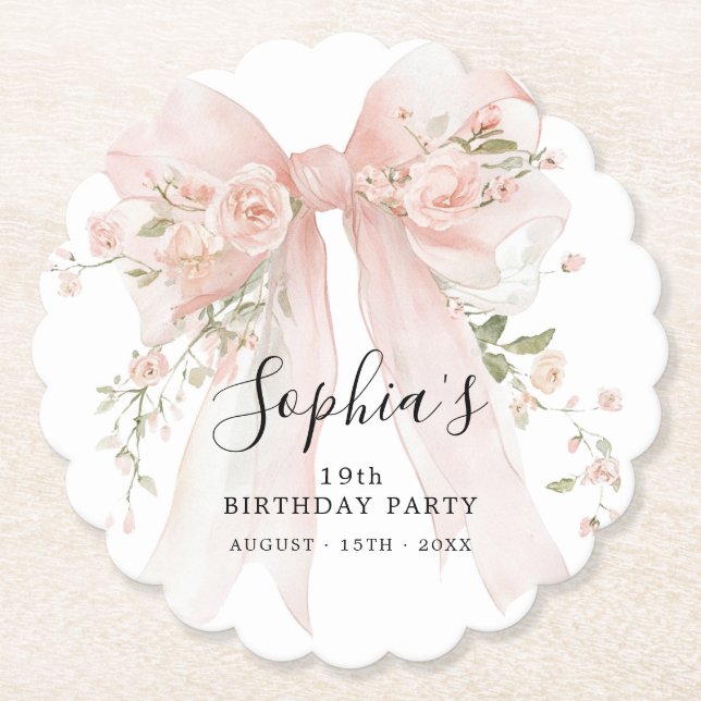 19th Birthday Party Pink Bow with Roses Paper Coaster (Front)