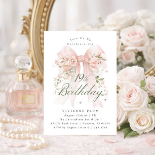 19th Birthday Party Pink Coquette Bow Rose Floral Invitation