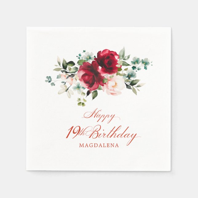 19th Birthday Party Pink Red Floral Custom Napkin (Front)