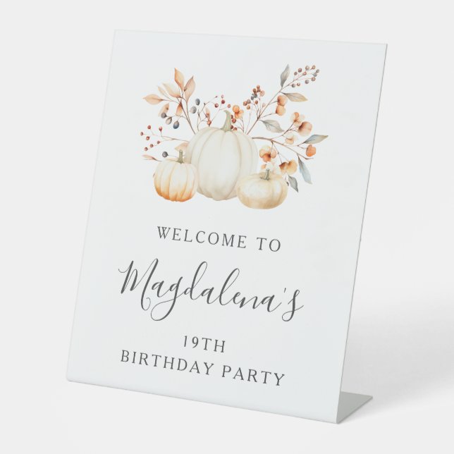 19th Birthday Party Pumpkin Fall Leaves Welcome Pedestal Sign (Front)