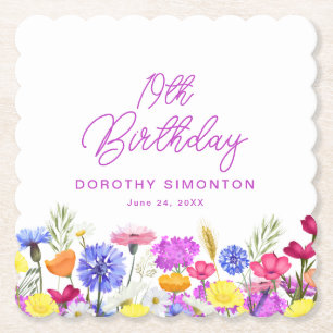 19th Birthday Party Purple Wildflower Custom Paper Coaster