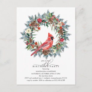 19th Birthday Party Red Cardinal Wreath Invitation Postcard