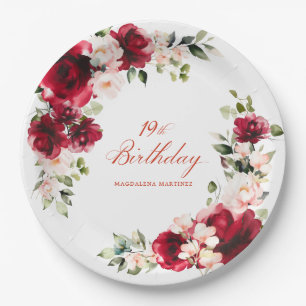19th Birthday Party Red Pink Floral Custom Paper Paper Plate