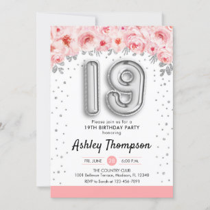 19th Birthday Party - Silver Balloons Invitation