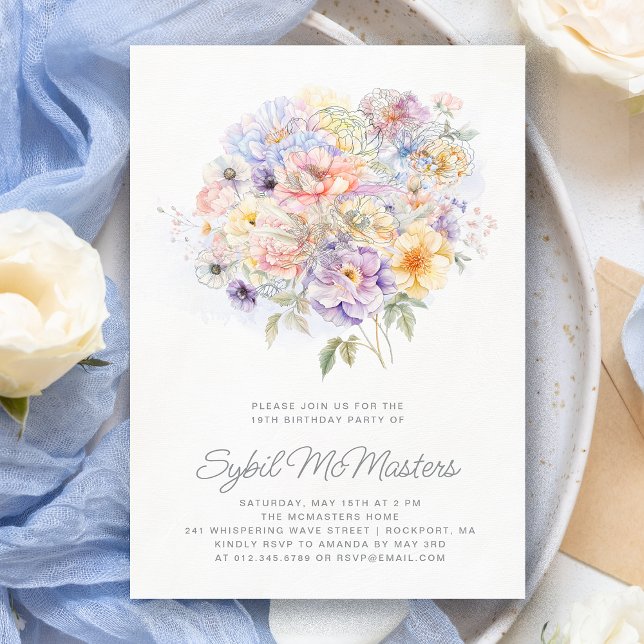 19th Birthday Party Watercolor Floral Bouquet Invitation (Creator Uploaded)