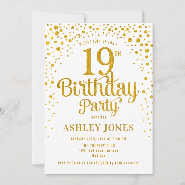 19th Birthday Party - White & Gold Invitation (Front)