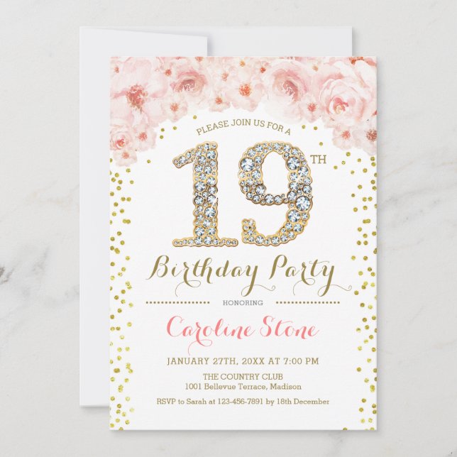 19th Birthday Party - White Gold Pink Invitation (Front)