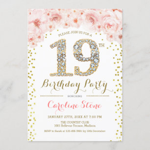 19th Birthday Party - White Gold Pink Invitation