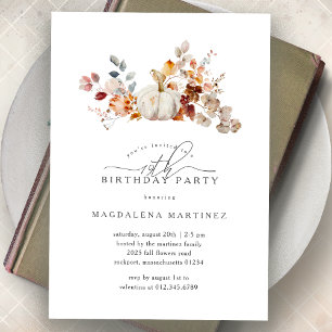 19th Birthday Party White Pumpkin Fall Flowers Invitation