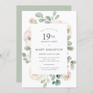 19th Birthday Party White Rose Floral Invitation