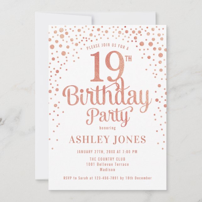 19th Birthday Party - White & Rose Gold Invitation (Front)