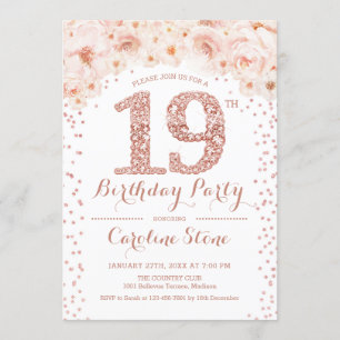 19th Birthday Party - White Rose Gold Invitation