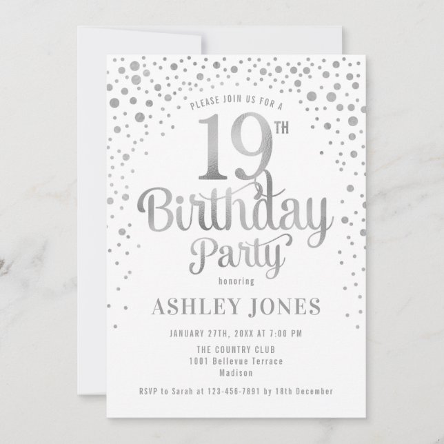 19th Birthday Party - White & Silver Invitation (Front)