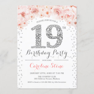 19th Birthday Party - White Silver Pink Invitation