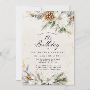 19th Birthday Party Winter White Floral Greenery Invitation