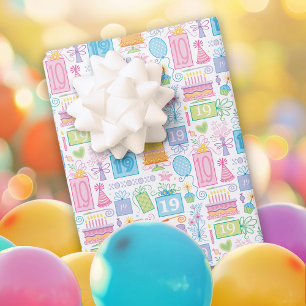 19th Birthday Pastel Pink Cake Presents Balloons Wrapping Paper Sheet