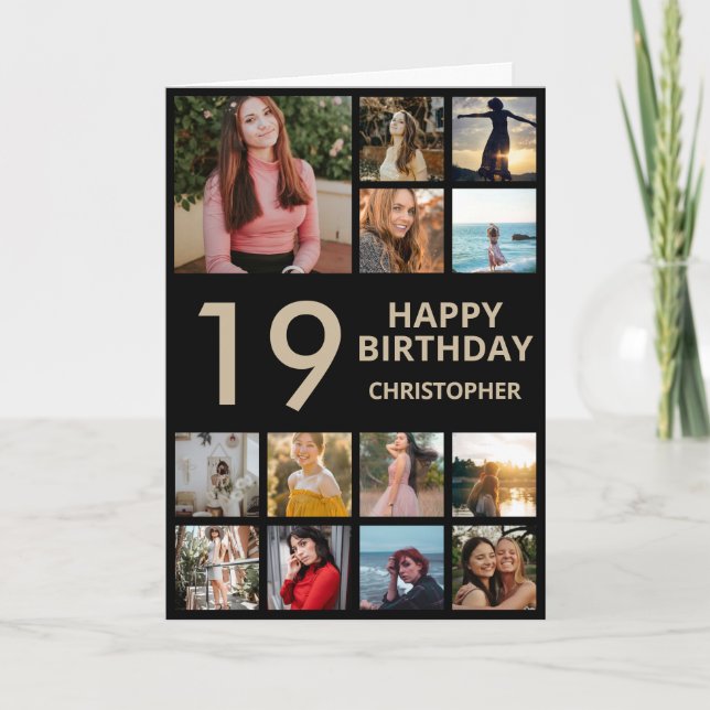 19th Birthday Photo Collage 13 Photos Black & Gold Card (Front)