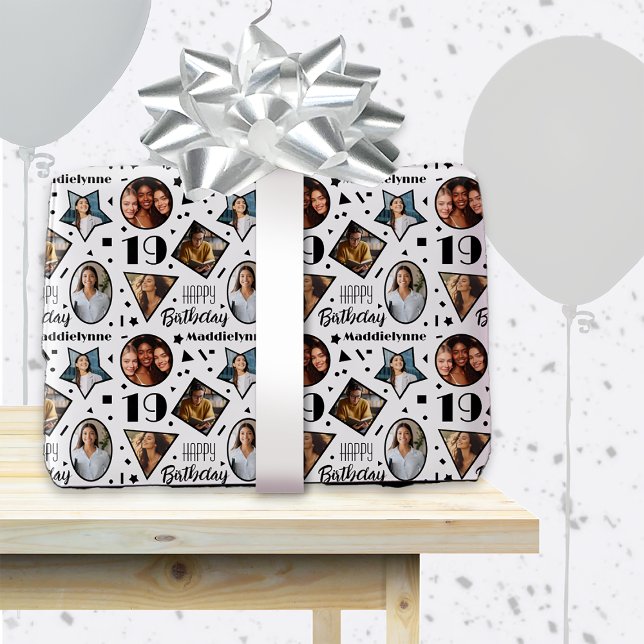 19th Birthday Photo Collage Black White Wrapping Paper (Creator Uploaded)