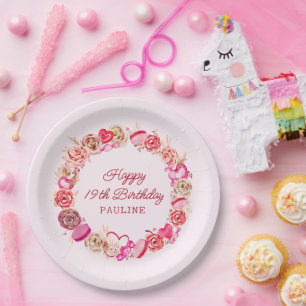 19th Birthday Pink Roses Swirly Heart Paper Plate