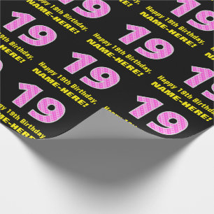 19th Birthday: Pink Stripes and Hearts "19" + Name Wrapping Paper