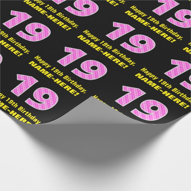 19th Birthday: Pink Stripes and Hearts "19" + Name Wrapping Paper (Corner)