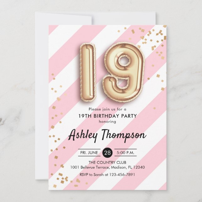 19th Birthday - Pink Stripes Gold Balloons Invitation (Front)