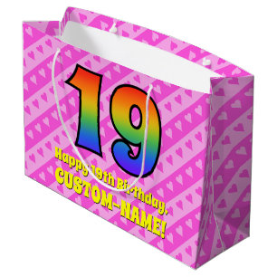 19th Birthday: Pink Stripes & Hearts, Rainbow # 19 Large Gift Bag
